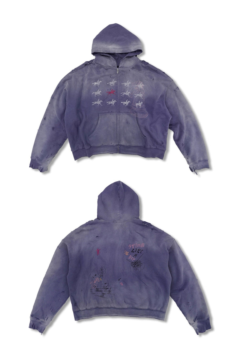WANNA LAB SS26 Distressed Heavyweight Rhinestone Hoodie - Washed Purple