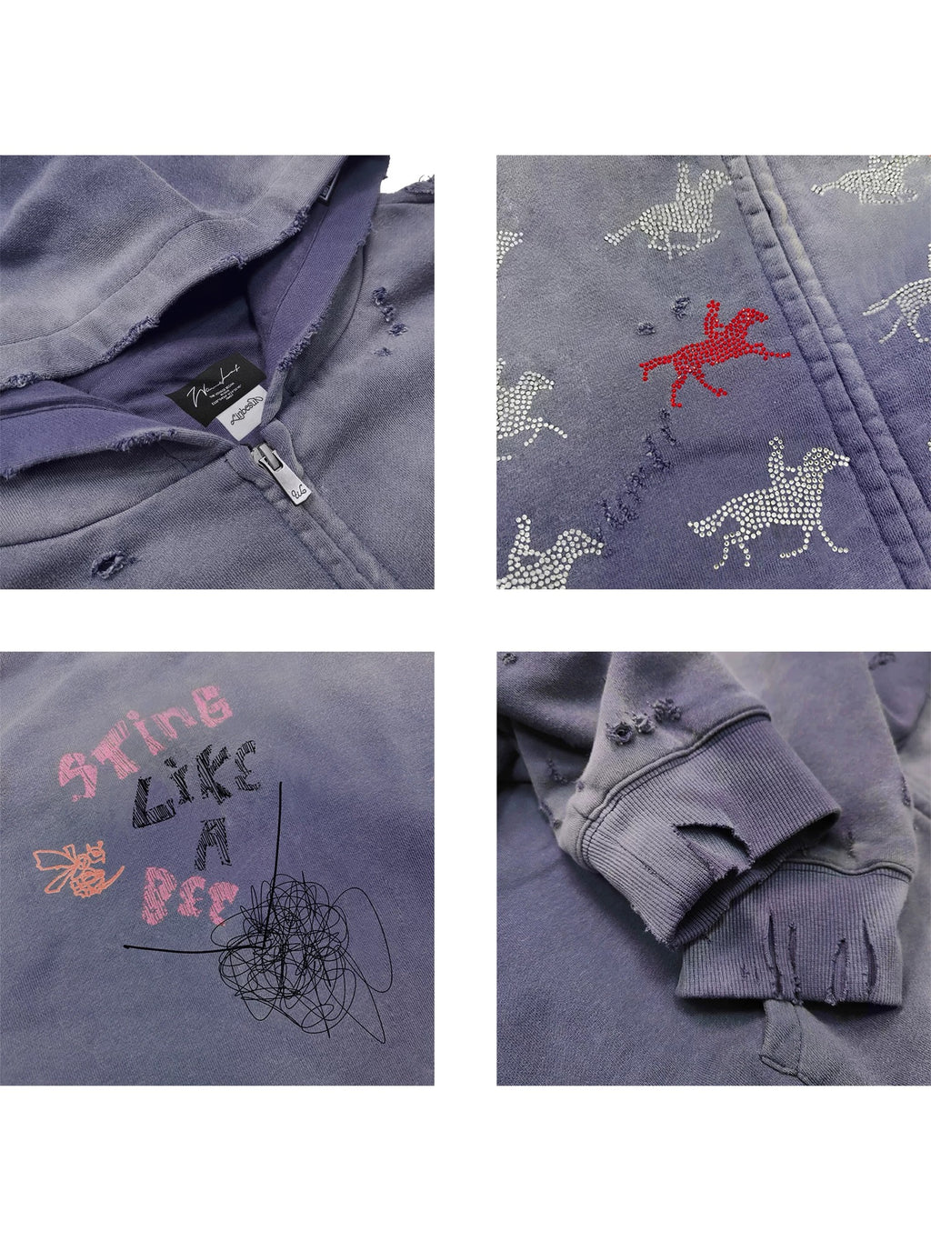 WANNA LAB SS26 Distressed Heavyweight Rhinestone Hoodie - Washed Purple