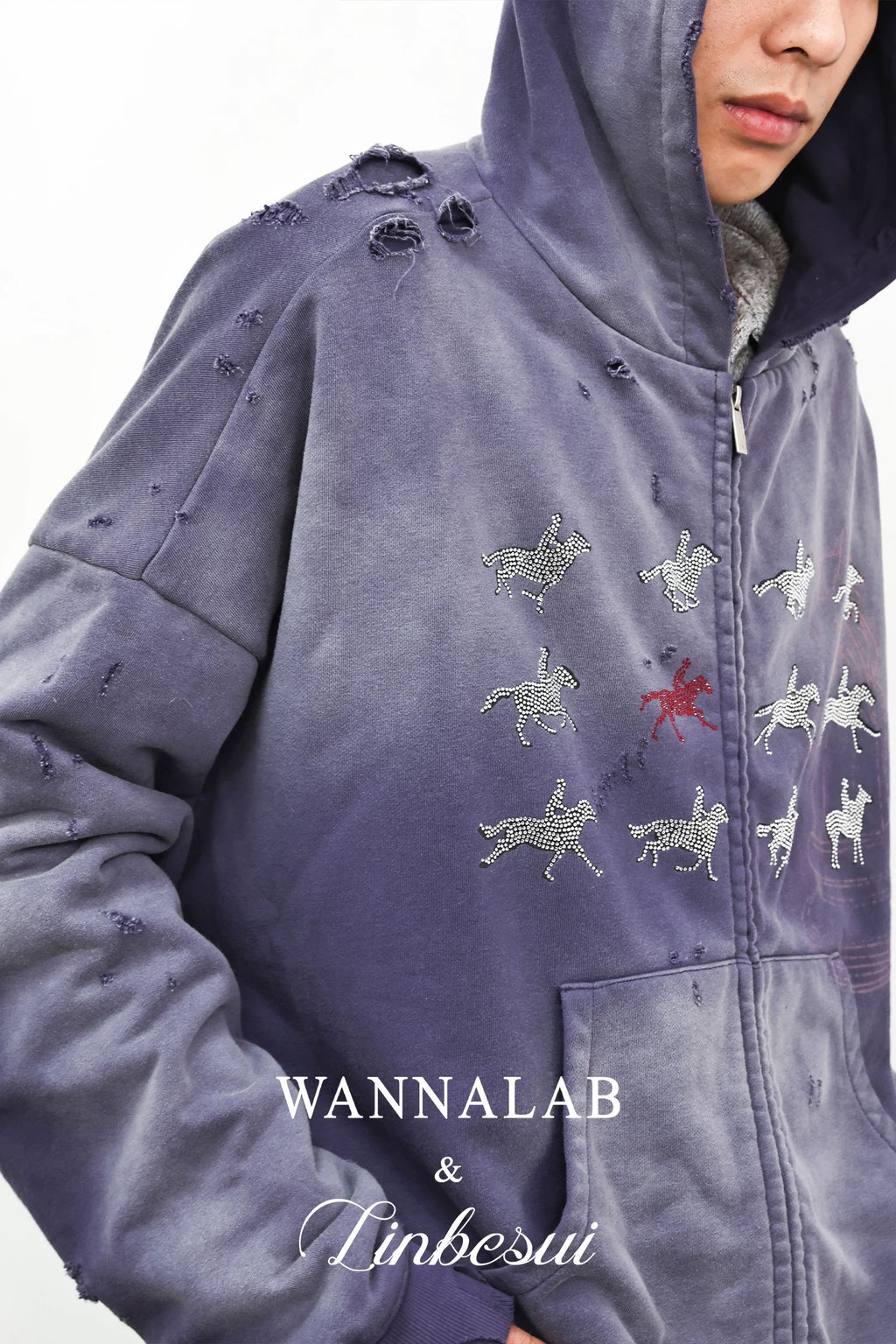 WANNA LAB SS26 Distressed Heavyweight Rhinestone Hoodie - Washed Purple