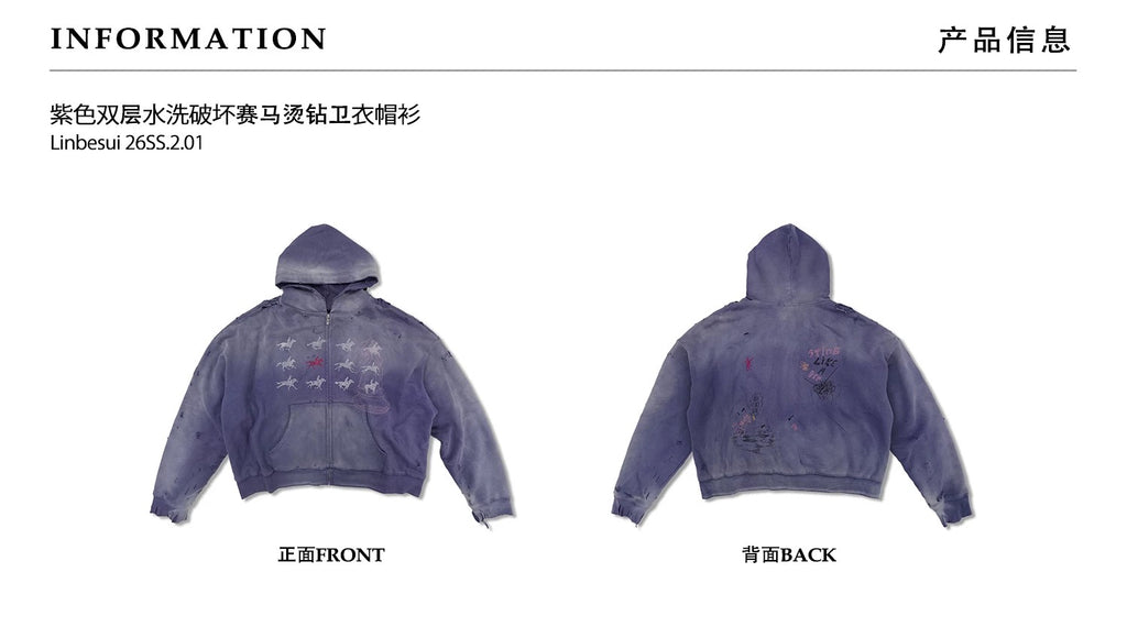 WANNA LAB SS26 Distressed Heavyweight Rhinestone Hoodie - Washed Purple